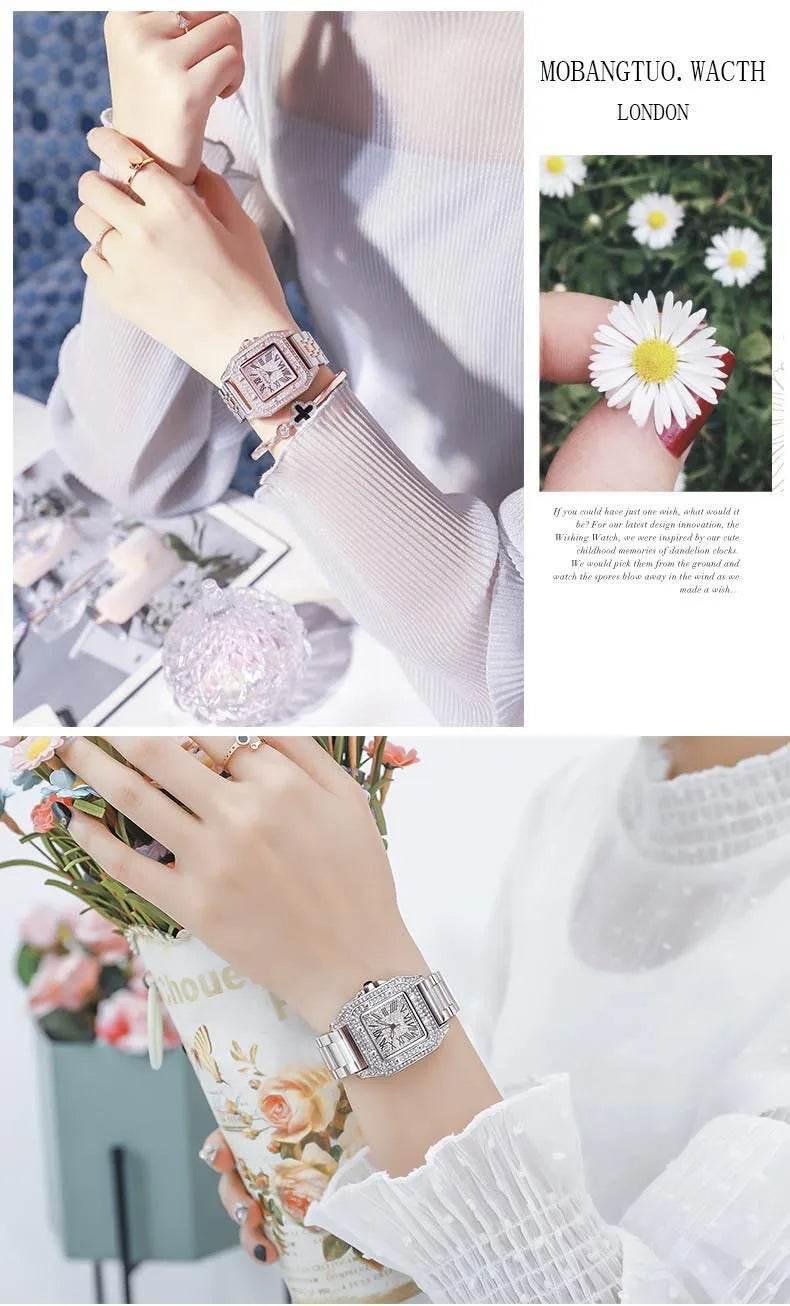 Ladies Dial Quartz Wristwatches Dress Clock Large square diamond-encrusted dial steel belt living waterproof quartz watch - Empire P.E