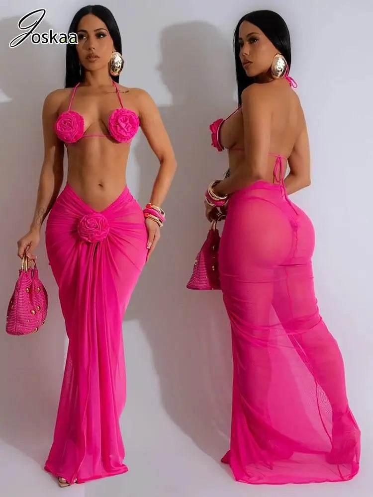 Joskaa Sexy Beach Style Bikini 3 Piece Set Women 3D Flower Halter Bra+Briefs+Sheer Mesh Maxi Skirt Matched 2025 - Empire P.E
