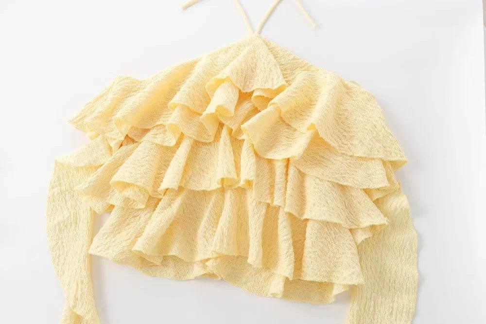 Textured halter crop top with ruffles Women's short yellow sleeveless top with sexy streamers for summer 2024 traf - Empire P.E