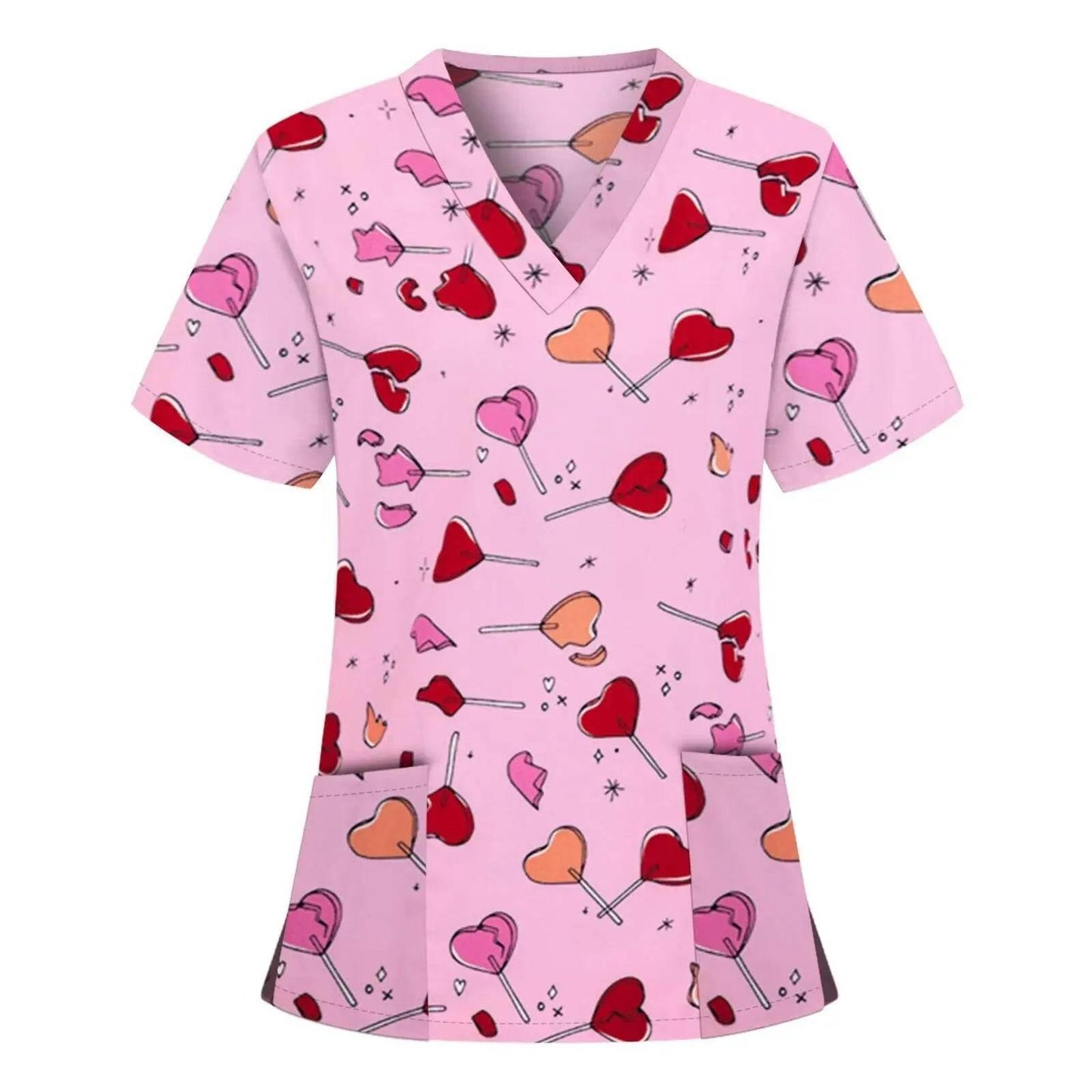 Women Working Uniform Animal Print Cartoon Cat Dog Short Sleeve V-neck Tops - Empire P.E