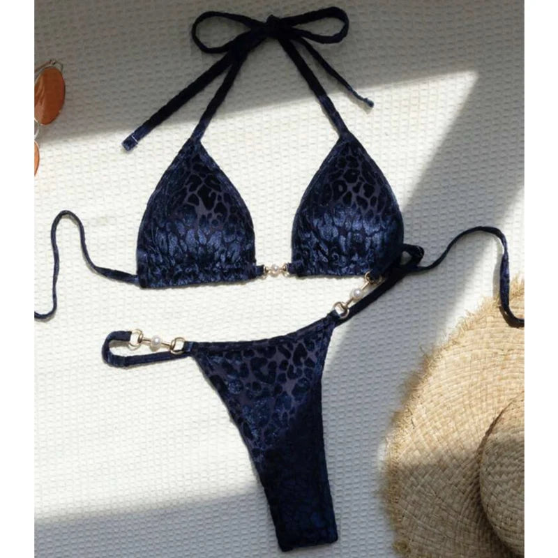Sexy Leopard Velvet Mini Micro Thong Bikinis