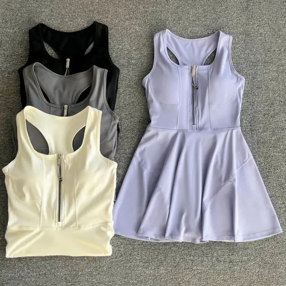 Tennis Skirt Casual Half Zipper Sports Fitness Dress Anti-Running High Waist Slim Golf Yoga Dress - Empire P.E
