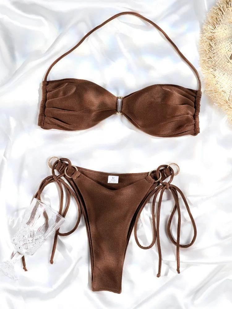 Solid Color Bikinis Push Up Swimwear Women Halter Bikini Set - Empire P.E