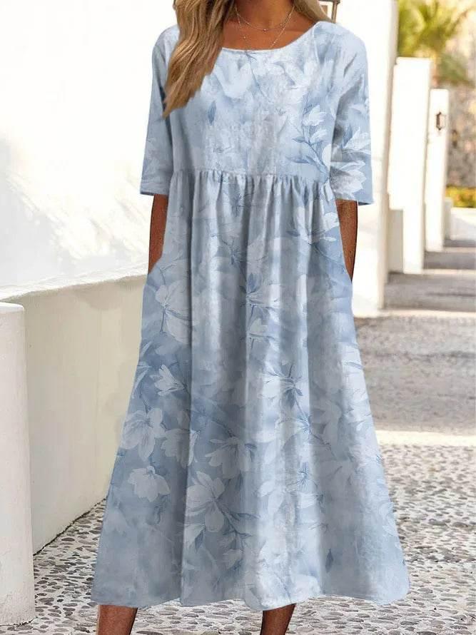 2024 women's fashion loose floral print round neck short sleeve pocket dress - Empire P.E