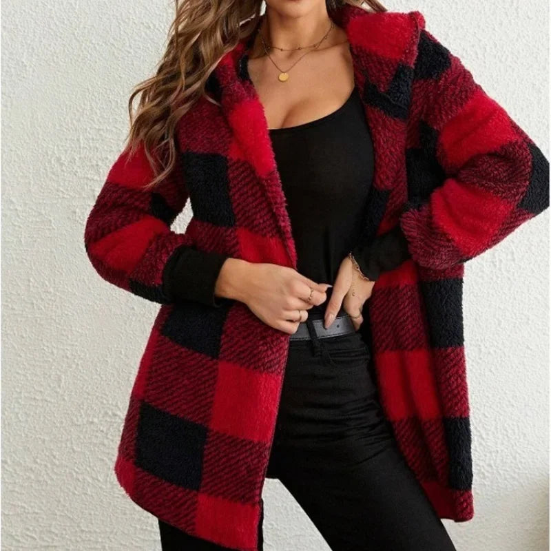 Women Autumn Winter Double Fleece Plaid Outerwear Coat