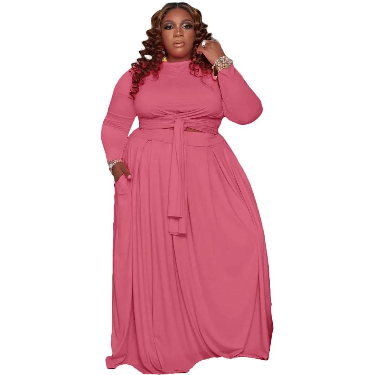 Fall 2024 Plus Size Women Clothing Skirt Two Piece Sets O Neck Long Sleeve - Empire P.E