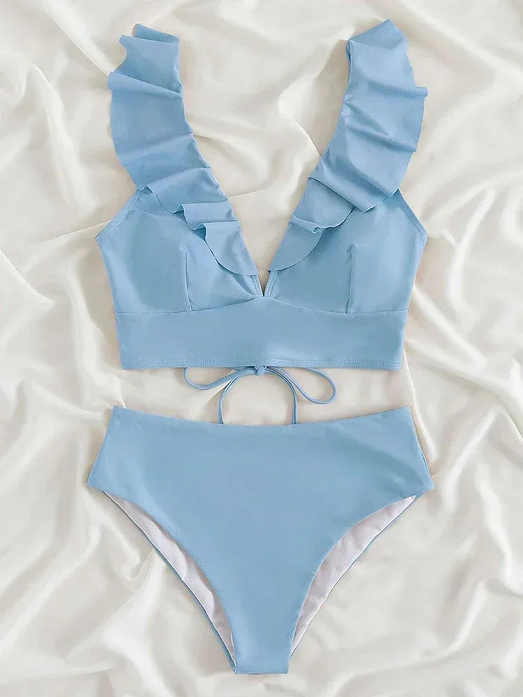 Riseado High Waist Bikinis Set Ruffle Shoulder Sexy Plunging Swimwear Women Bathing Suit Summer Beachwear - Empire P.E