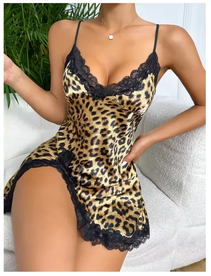 Contrast Lace Satin Nightdress Deep V Backless - Empire P.E