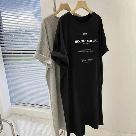 Plus Size Korean Style Women's Clothing Slimming Medium-length T-shirt Skirt Casual Long Dress Short Sleeves Summer Fashion - Empire P.E