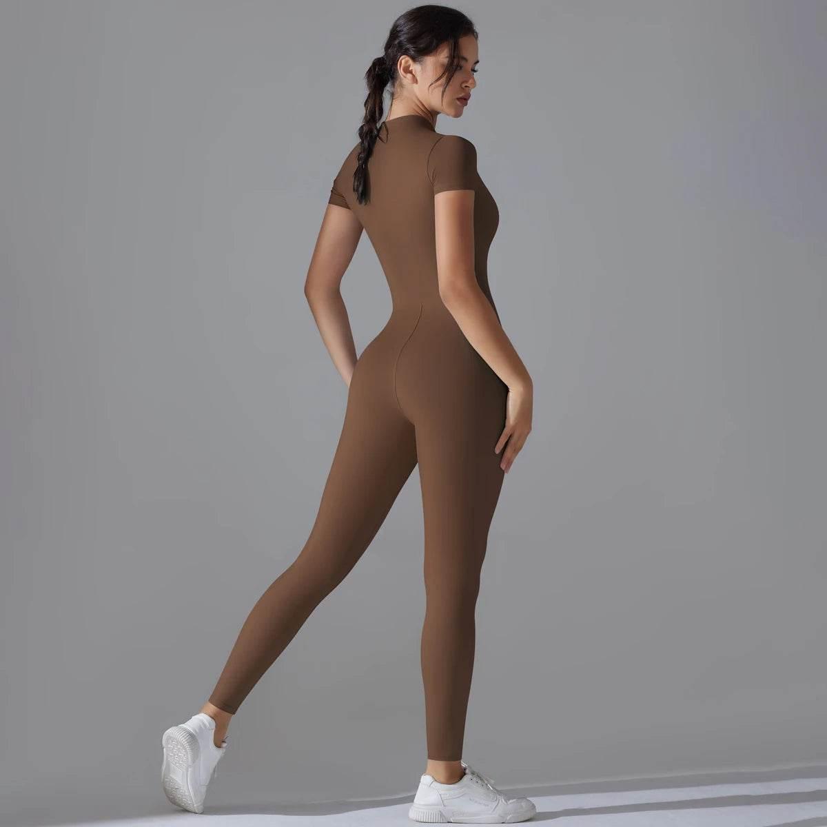 Yoga Set Women's Jumpsuits One-Piece Suit Zipper Short Sleeve Gym Push Up Workout Clothes Fitness Bodysuit Sportswear Tracksuit - Empire P.E