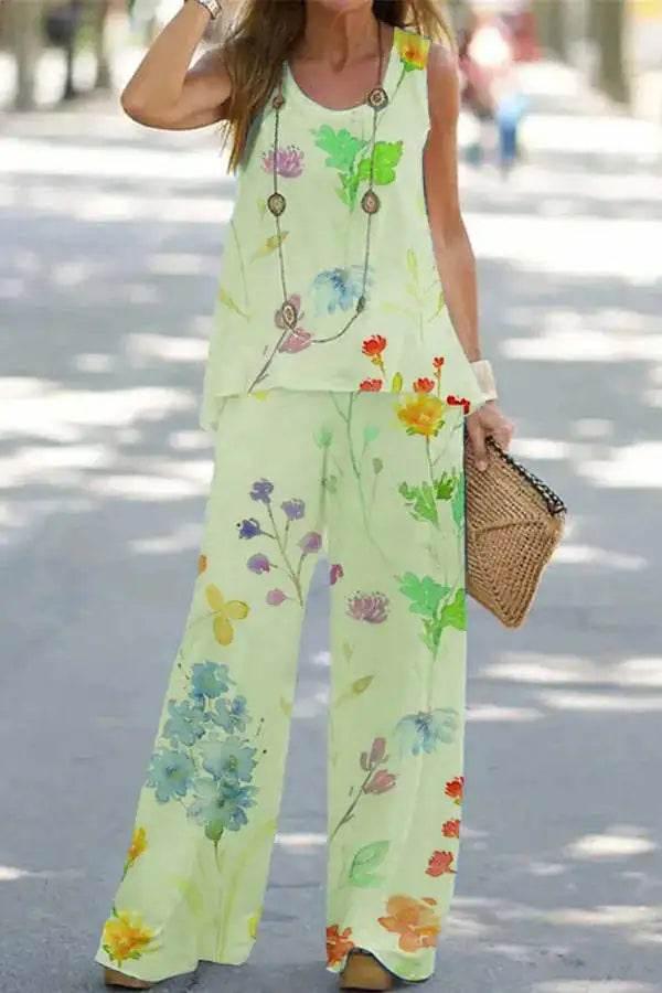 2023 Women 2 Piece Outfits Boho Casual Printed Vest Sleeveless Top Loose Wide Leg Pants Trousers Two Piece Set Elegant Suit - Empire P.E