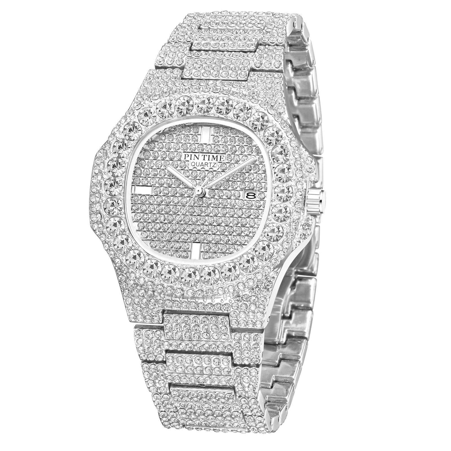Wholesale Men Women Diamond Iced Out Watch Stainless Steel Big Crystal Stone Quartz Wristwatches for Mens Full Paved - Empire P.E
