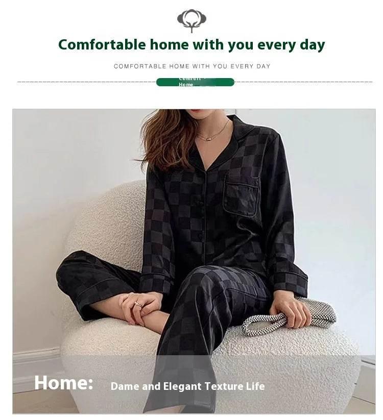 Plus Size Women Pajamas Set Long Sleeves Girl Home Wear Two-Piece Cardigan Solid Plaid Sleepwear Sexy Nightwear Autumn Winter - Empire P.E