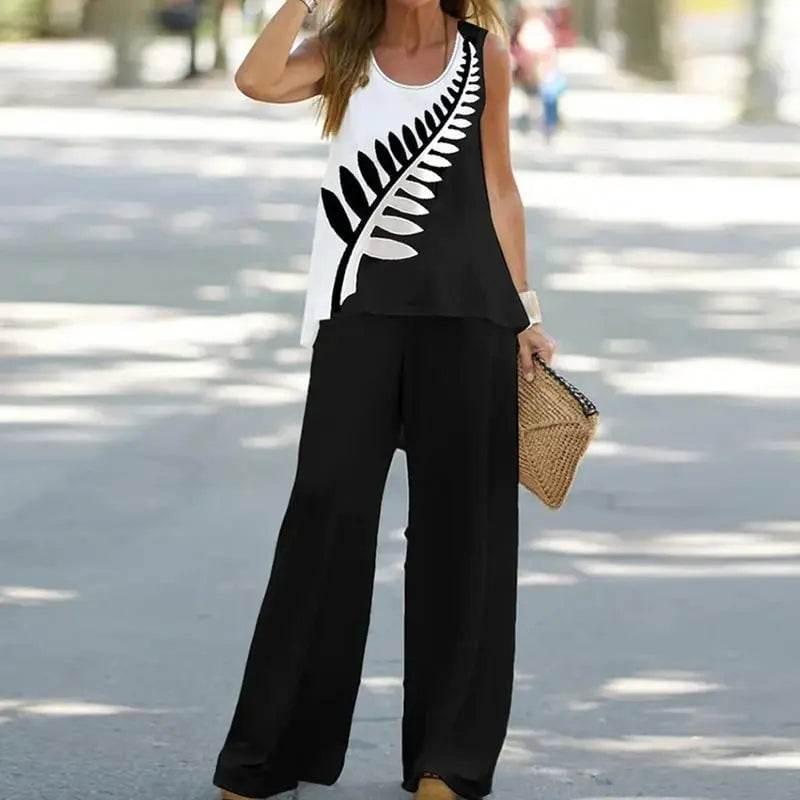 2023 Women 2 Piece Outfits Boho Casual Printed Vest Sleeveless Top Loose Wide Leg Pants Trousers Two Piece Set Elegant Suit - Empire P.E