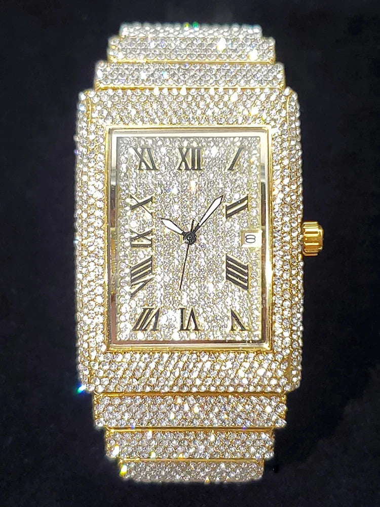 Gold Men's Watches Rectangle Dial Luxury Diamond - Empire P.E