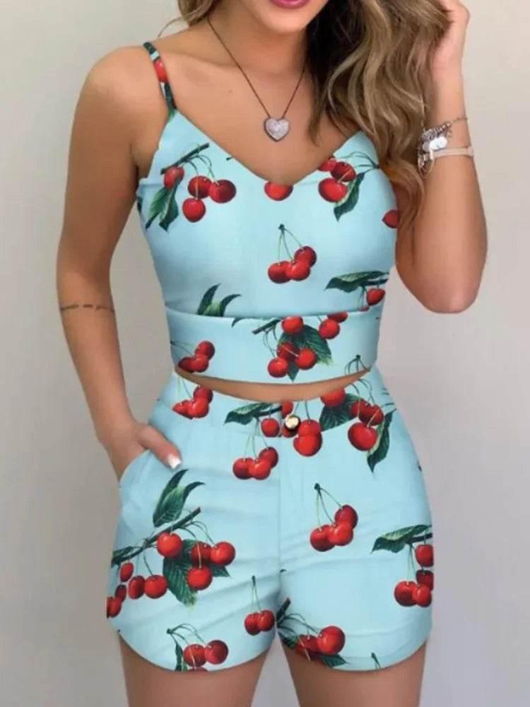 Print Spaghetti Strap Crop Top & Short Sets - Empire P.E