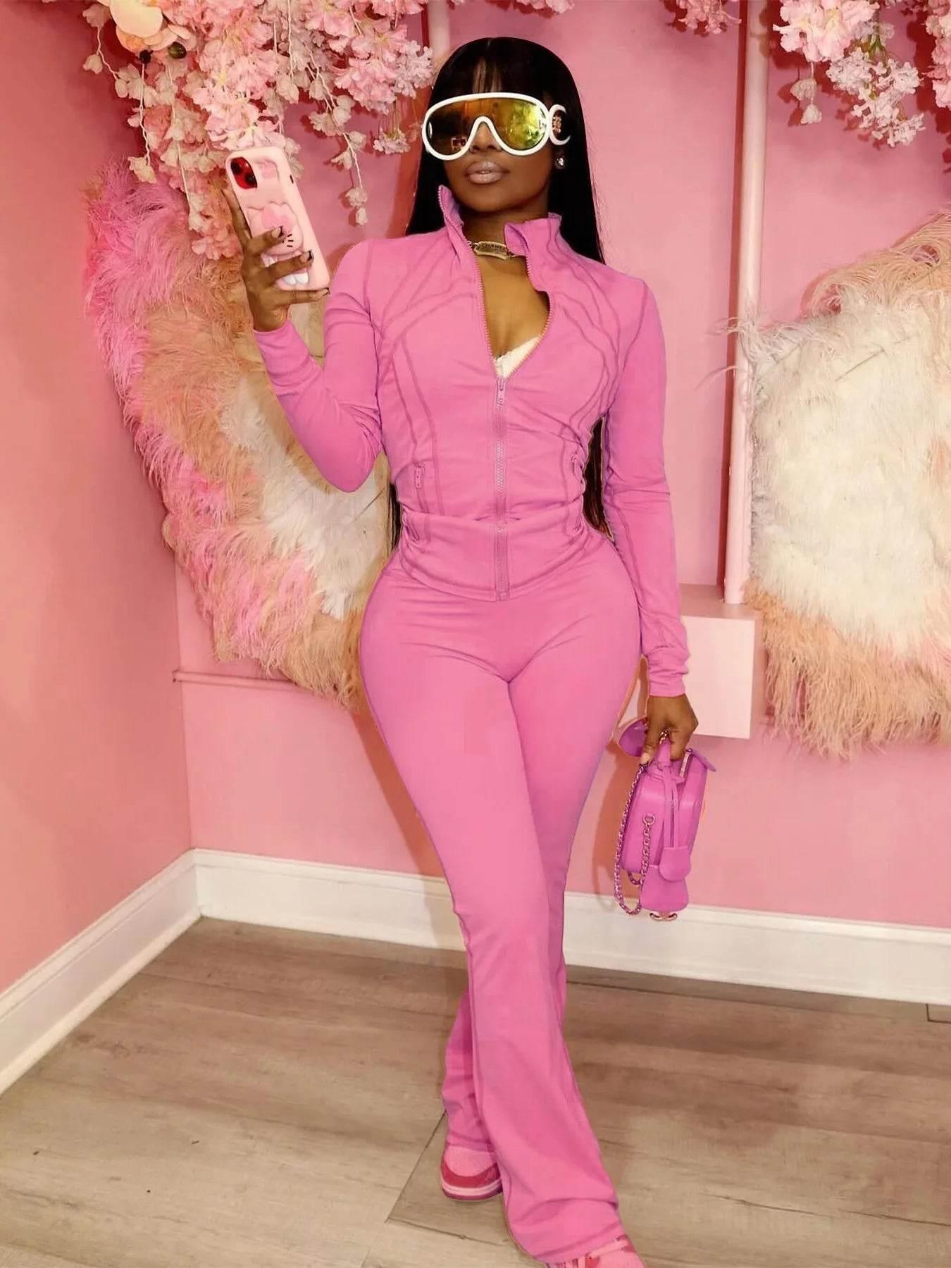 Women 2 Two Piece Outfits Casual Sports Workout Sets Bodycon Tracksuit Long Sleeve Zip Up Jacket Jogger Matching Sweat Pants Set - Empire P.E