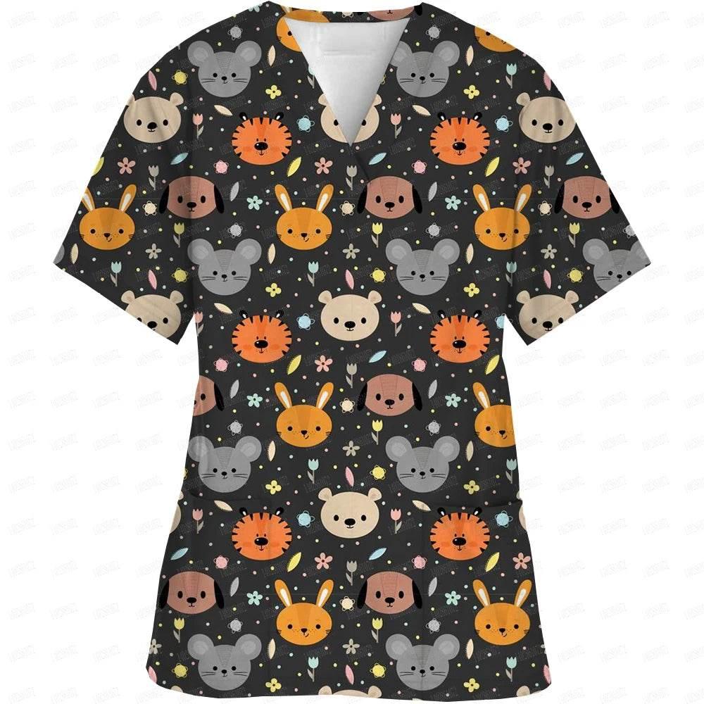 Women Easter Day Nurse Uniform Cartoon Print Short Sleeve V Neck - Empire P.E