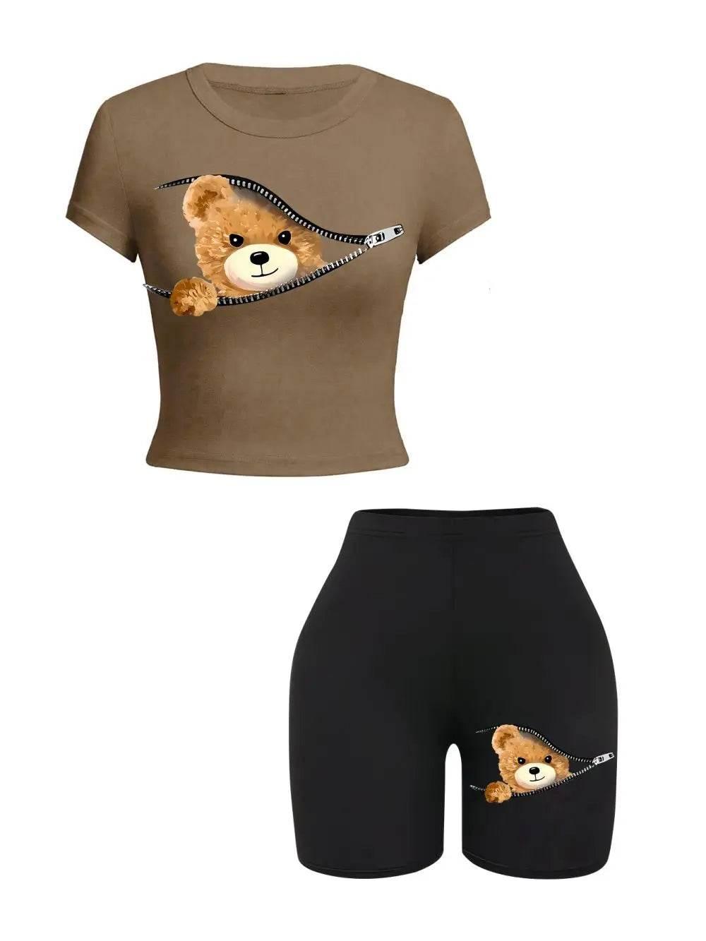 2 Pieces Set Women Slim Crop T-Shirts Shorts A Teddy Bear Emerged From The Zipper Prints Tops Sporty High Elastic Soft Clothes - Empire P.E