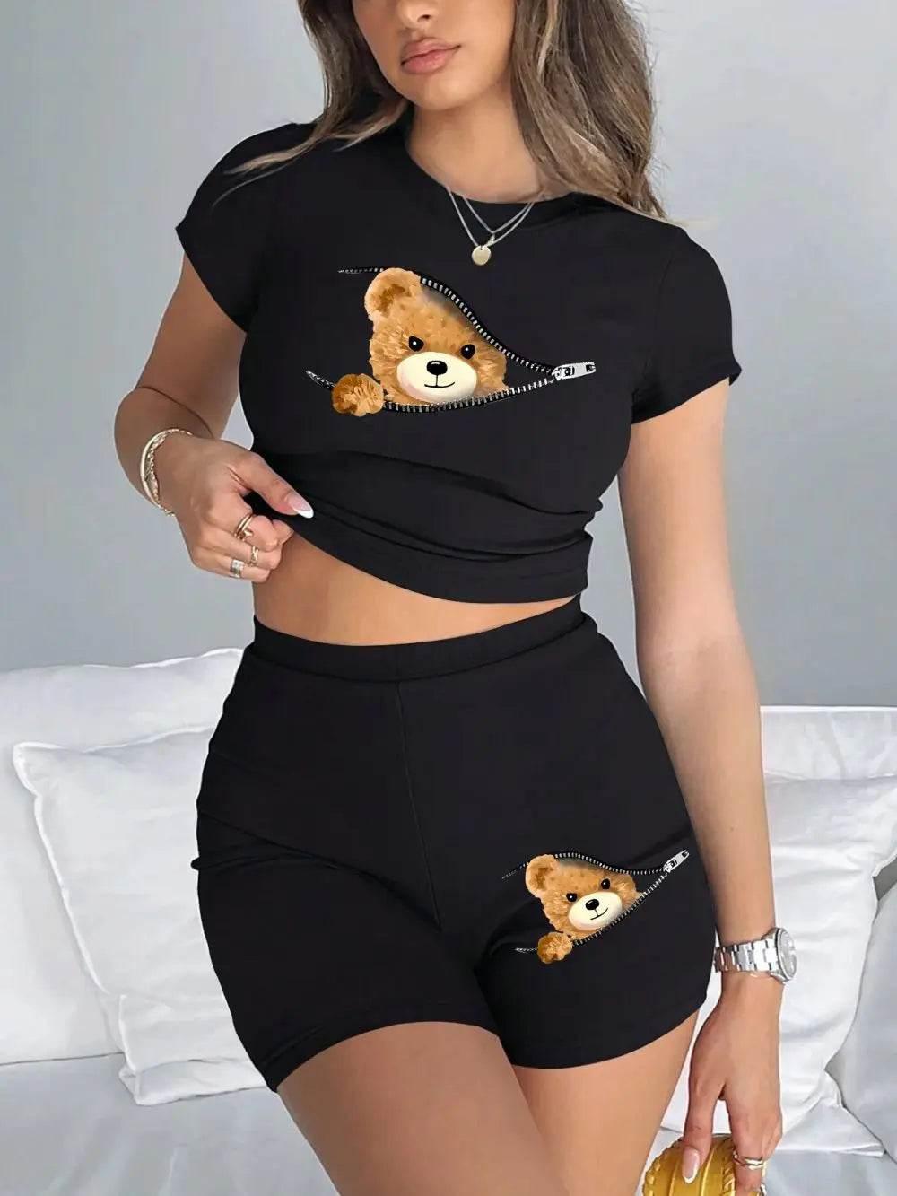 2 Pieces Set Women Slim Crop T-Shirts Shorts A Teddy Bear Emerged From The Zipper Prints Tops Sporty High Elastic Soft Clothes - Empire P.E