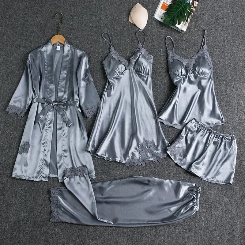 5-piece Set of Women's Sexy Silk Nightgown - Empire P.E