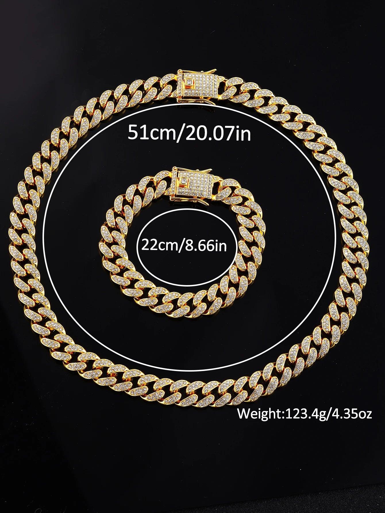 3PCS luxury alloy full diamond rhinestone mirror men's quartz watch with calendar and Hip Hop Cuban Necklace bracelet set - Empire P.E