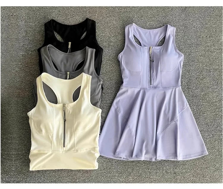 Tennis Skirt Casual Half Zipper Sports Fitness Dress Anti-Running High Waist Slim Golf Yoga Dress - Empire P.E