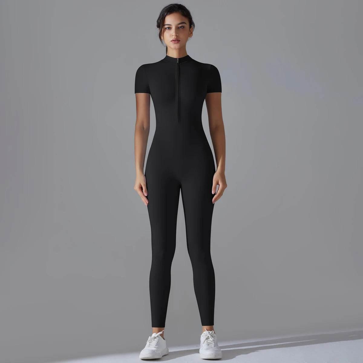 Yoga Set Women's Jumpsuits One-Piece Suit Zipper Short Sleeve Gym Push Up Workout Clothes Fitness Bodysuit Sportswear Tracksuit - Empire P.E
