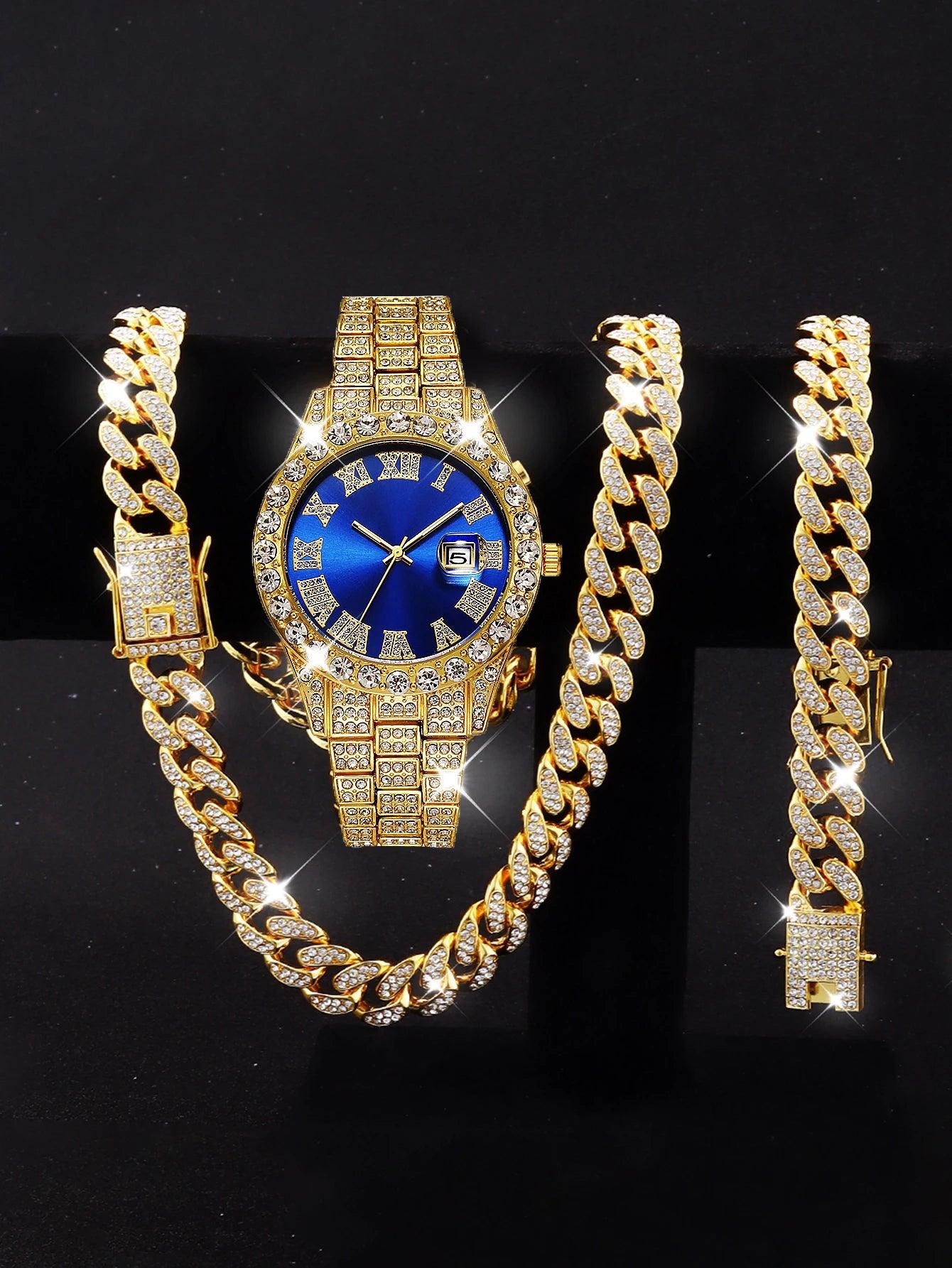 3PCS luxury alloy full diamond rhinestone mirror men's quartz watch with calendar and Hip Hop Cuban Necklace bracelet set - Empire P.E