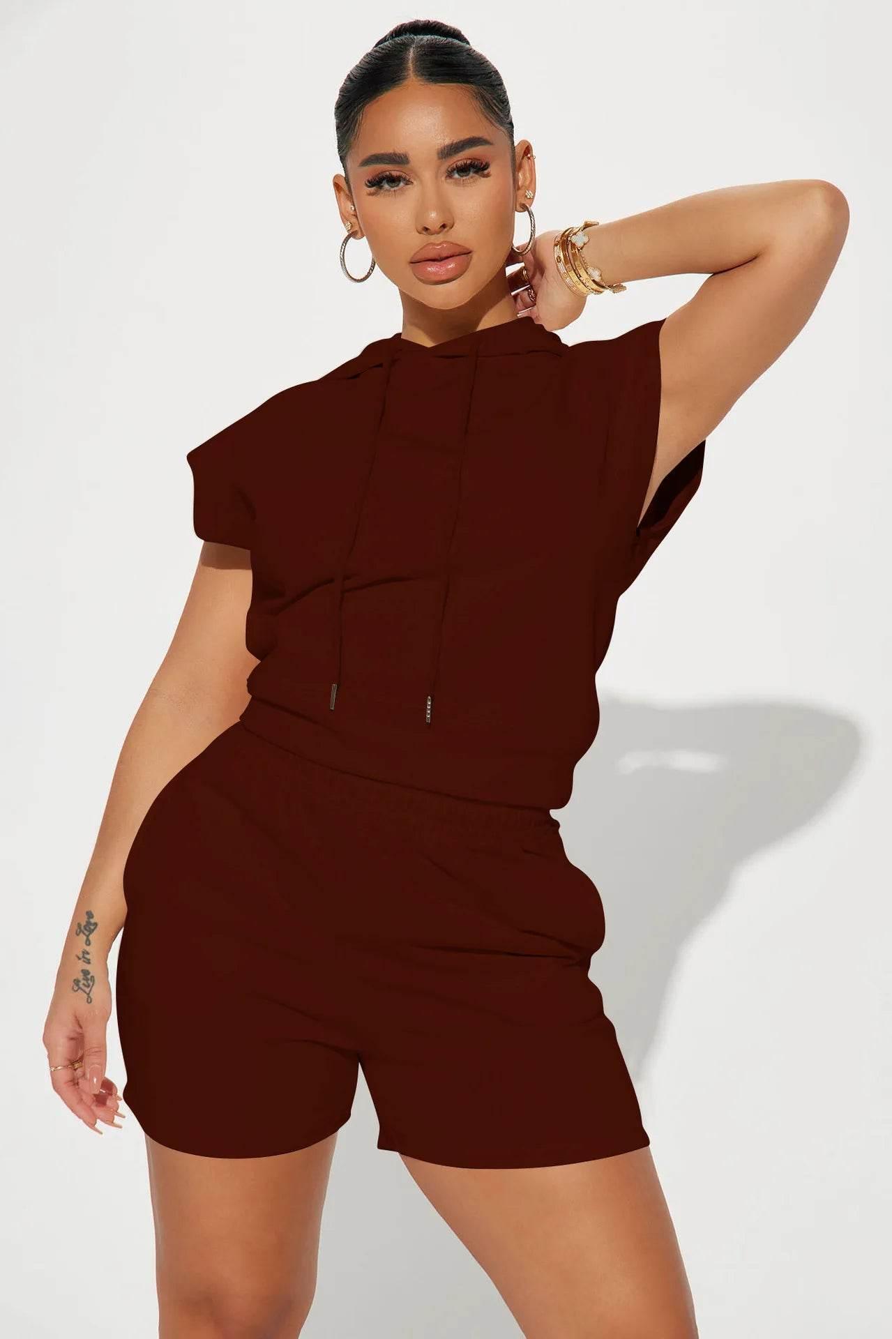 Summer 2024 Women's New Sexy Sleeveless Fashion Casual Sports Short Sleeved Hooded 3/4 Shorts Two Piece Set For Women - Empire P.E