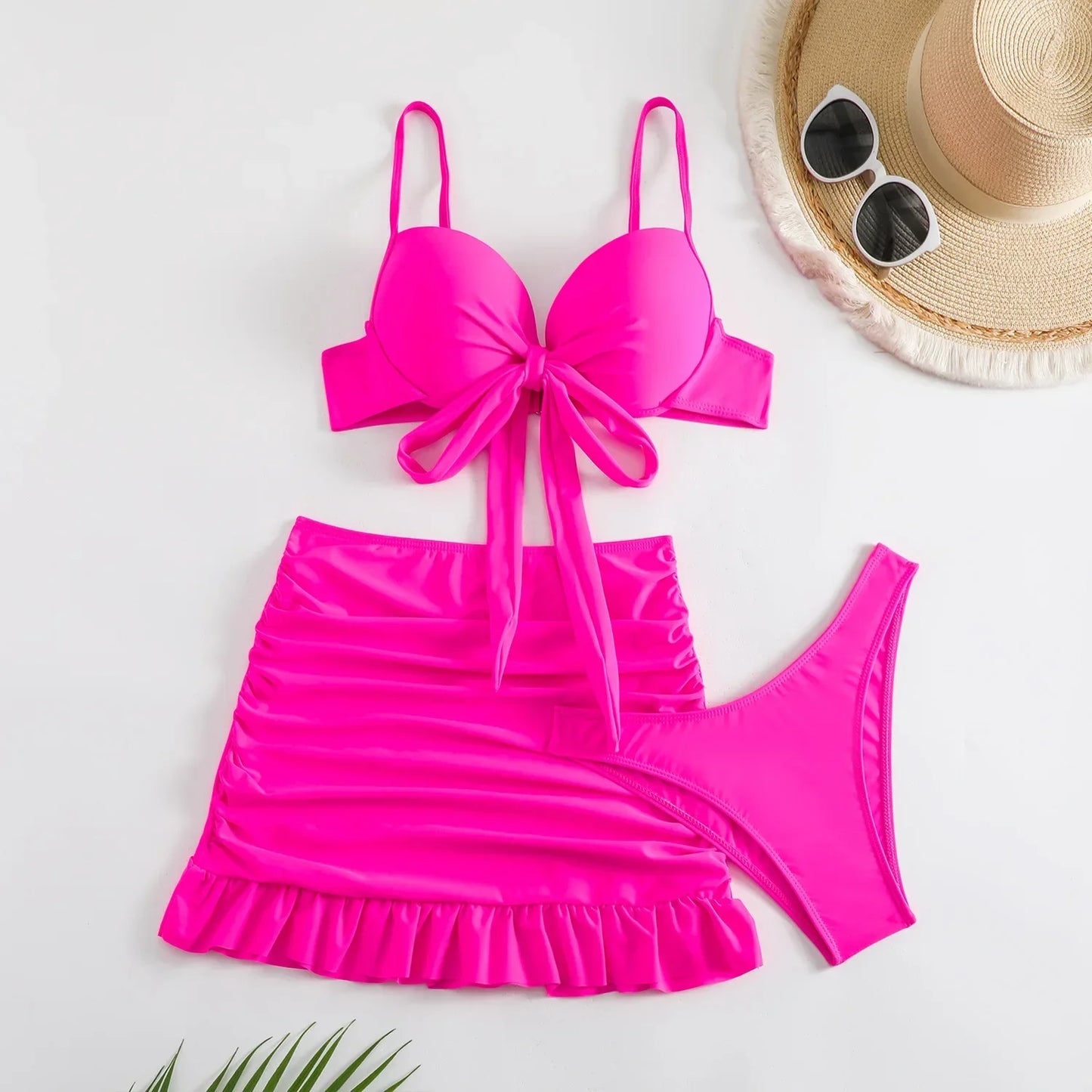 Cikini-Solid Bikini Set 3 Piece Bathing Suit
