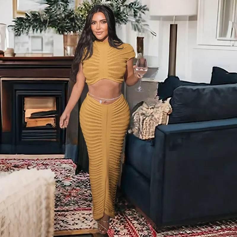 Sexy Knitted Striped 2 Piece Sets Women Outfit Y2K Clothes Birthday Sheer Crop Top and Long Skirt Set Elegant Night Club Outfits - Empire P.E