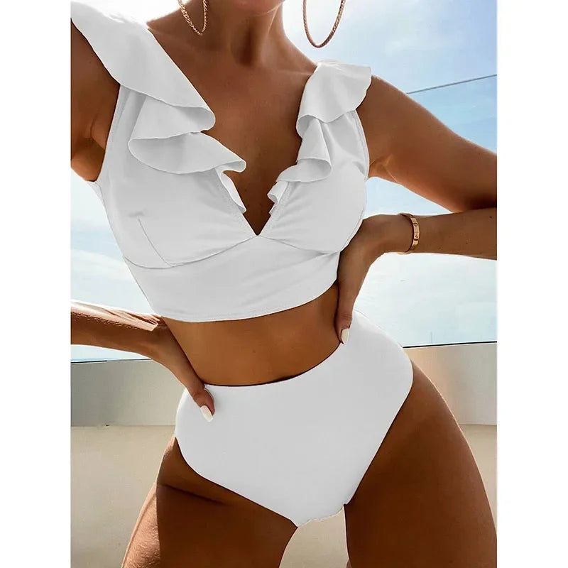 Riseado High Waist Bikinis Set Ruffle Shoulder Sexy Plunging Swimwear Women Bathing Suit Summer Beachwear - Empire P.E