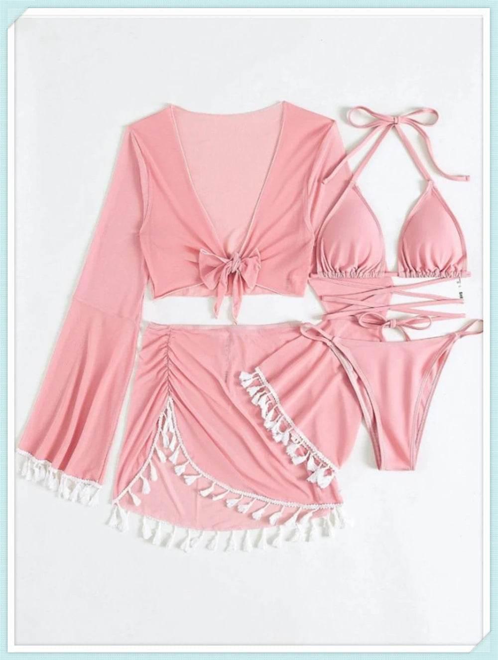 Sexy 4 Pieces Halter Bikinis Women Solid Swimwear Female Cover Up Swimsuit Long Sleeve And Skirt Bathing Suit Beachwear Summer - Empire P.E