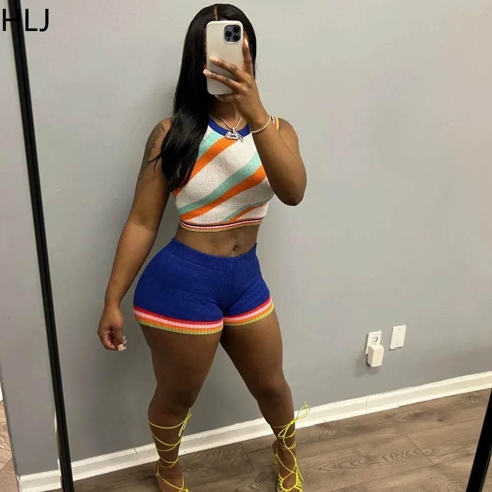 HLJ Fashion Knitted Striped 2 Piece Sets Woman Outfit Slim O-neck Crop Top + Shorts Casual Crochet Tracksuits Female Clothing - Empire P.E