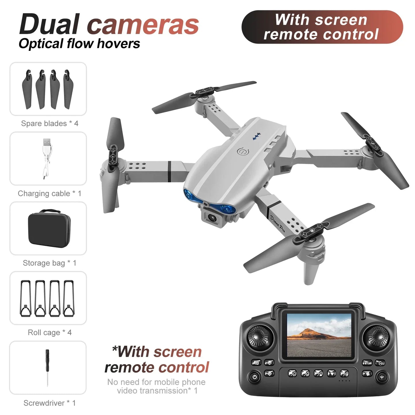 White Gray E88E99 Lighting Screen Control Mini Drone Dual Camera - Empire P.E