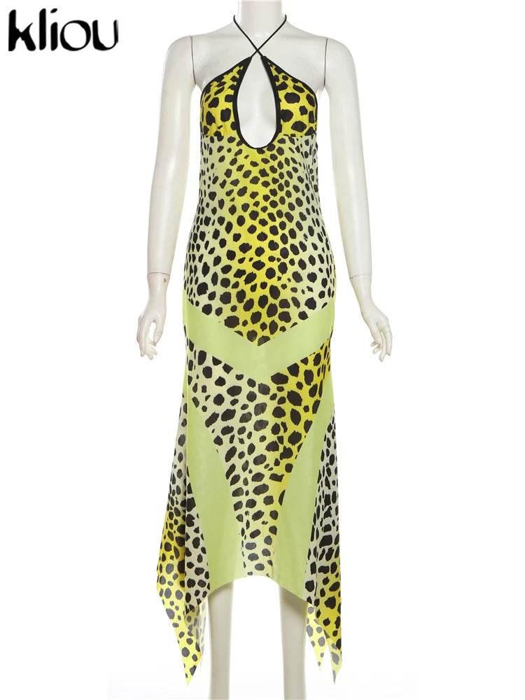 kliou Point Print Irregularly Maxi Dress Women Cross Halter Bandage Hollow Backless Fashion Vestidos Female Evening Party Wear - Empire P.E