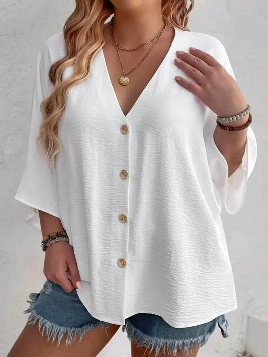 Women's Plus-size T-shirt Solid Color Breathable Spring/summer V-neck Button Travel Casual Wear with European and American Style - Empire P.E
