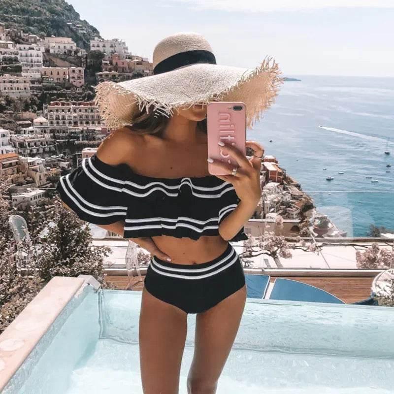 Black striped women bikini set two pieces sexy off shoulder ruffles high waist bathing suits summer beach swimsuits - Empire P.E