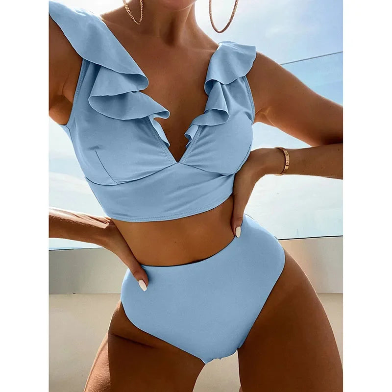 Riseado High Waist Bikinis Set Ruffle Shoulder Sexy Plunging Swimwear Women Bathing Suit Summer Beachwear - Empire P.E