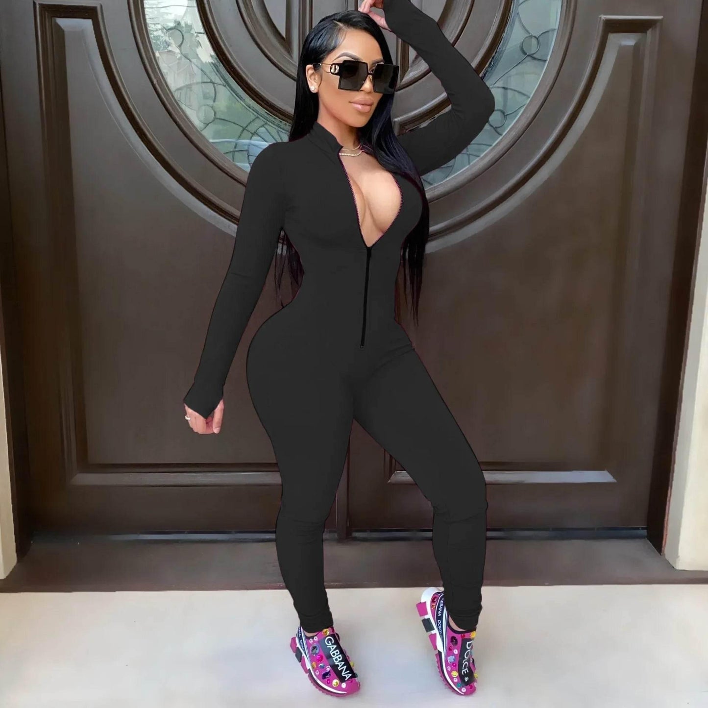 Sexy Solid Color Long Sleeve Deep V Bodycon Rompers Womens Jumpsuit Sport Suit Fashion Zip Up Long Pants Overalls Fitness Set - Empire P.E
