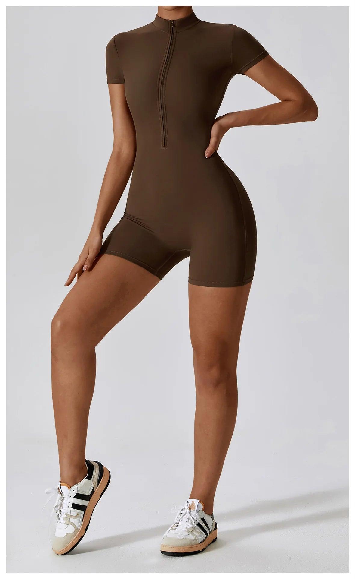 Yoga Set Women's One-Piece Suit Zipper Short Sleeve Gym Push Up Workout Clothes Fitness Short Bodysuit Sportswear Jumpsuits - Empire P.E
