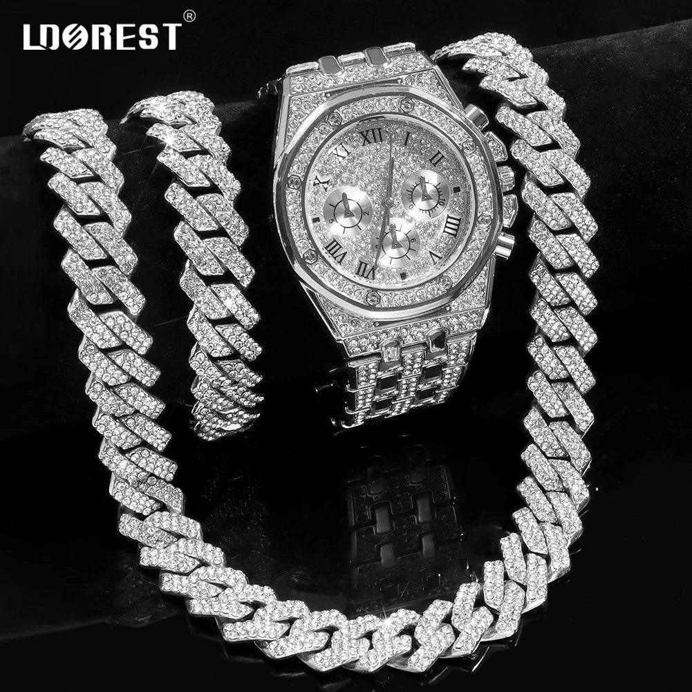 14MM Necklace+Watch+Bracelet Iced Out Watches For Men 2 Row Rhinestone Cuban Chain Necklace Set Women Men Hiphop Jewelry Gift - Empire P.E
