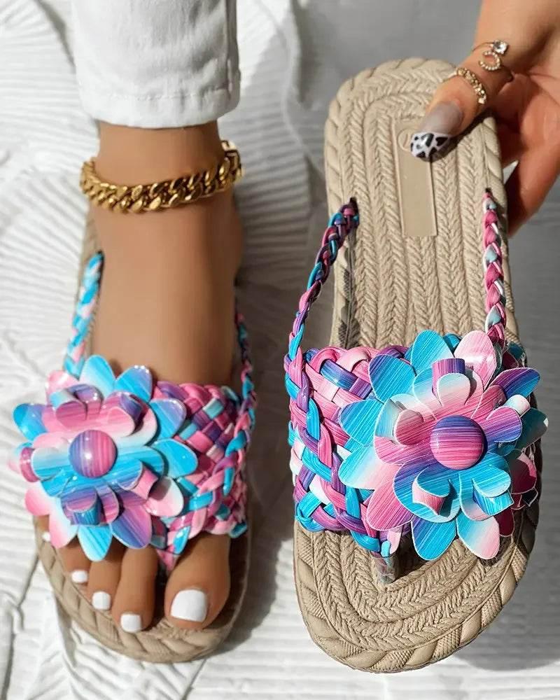 Slippers Women Ombre Floral Pattern Braided Casual Shoes Vacation Flat Holographic Braided Floral Pattern Toe Beach Flip Flops - Empire P.E