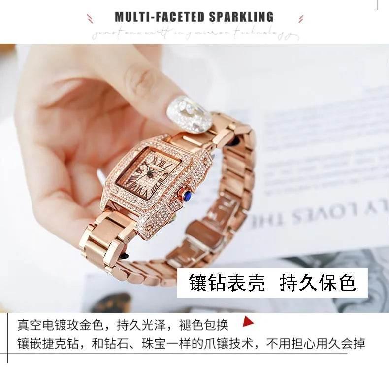 Ladies Dial Quartz Wristwatches Dress Clock Large square diamond-encrusted dial steel belt living waterproof quartz watch - Empire P.E