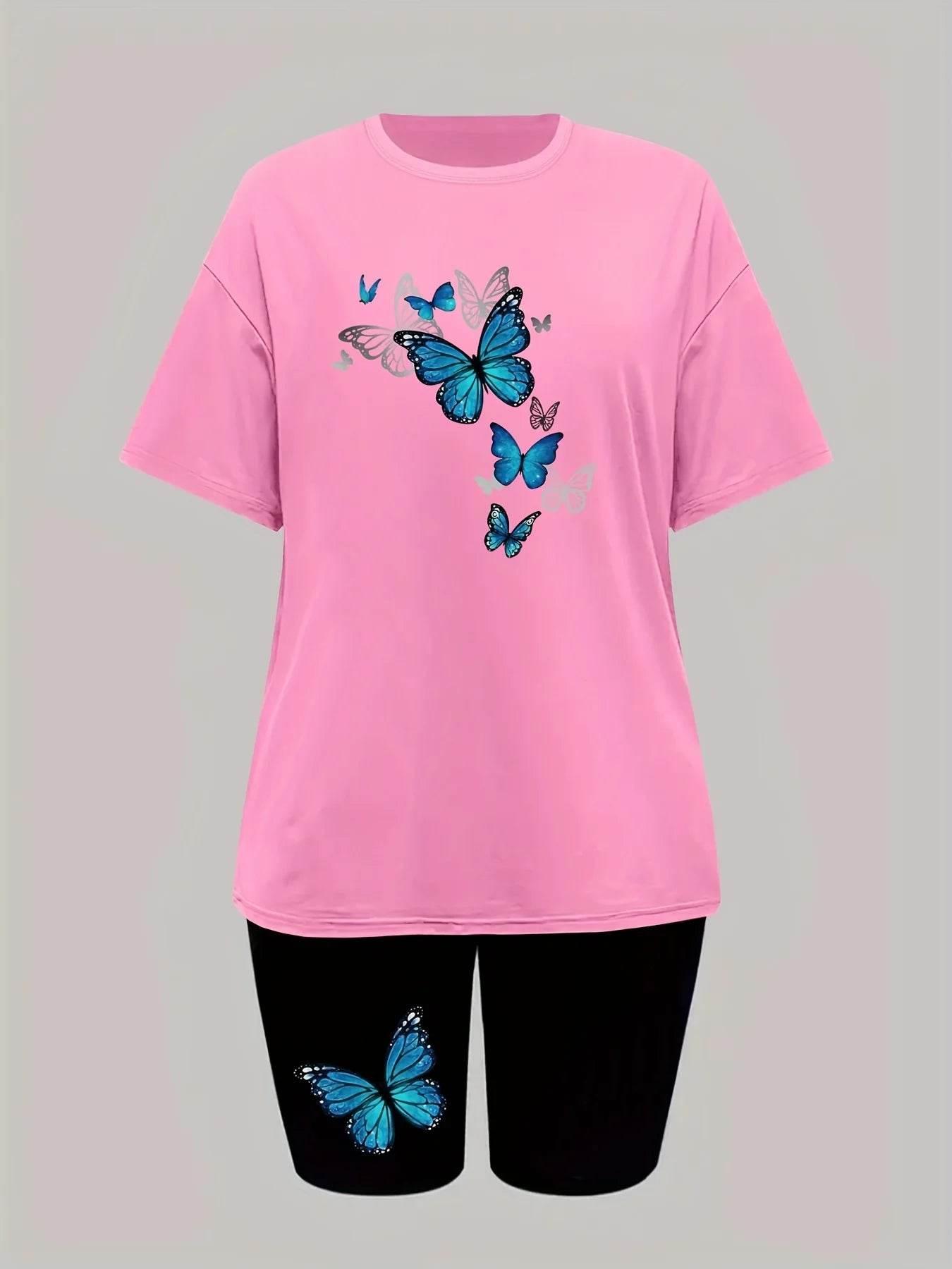 Conjuntos Para Mujeres 2 Piezas Women's Butterfly Printed Two-piece Set, Short Sleeved T-shirt, Round Neck, Shorts, Summer - Empire P.E