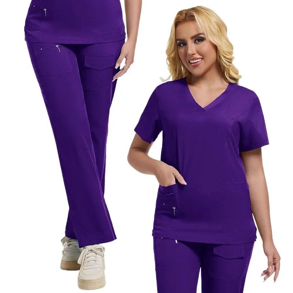 Workwear Nursing Women Scrubs Pants Elastic Wholesale Working Uniform Women Short Sleeve Neck Tops Dental Hospital Scrubs Suits - Empire P.E