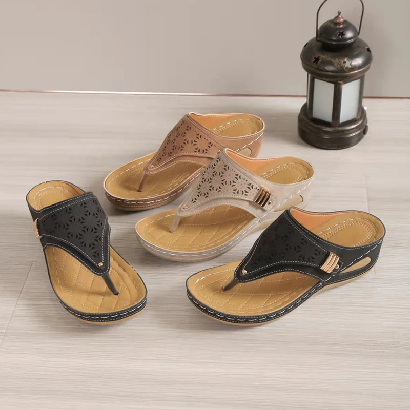 Clip Toe Wedge Heel Sandals for Women Summer Pu Leather Platform Platform Flip Flops Ladies Lightweight Diabetic Walking Sandals - Empire P.E