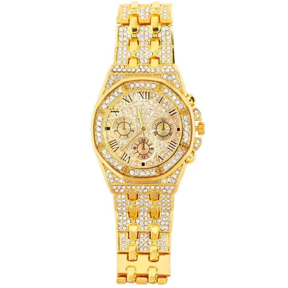 14MM Necklace+Watch+Bracelet Iced Out Watches For Men 2 Row Rhinestone Cuban Chain Necklace Set Women Men Hiphop Jewelry Gift - Empire P.E