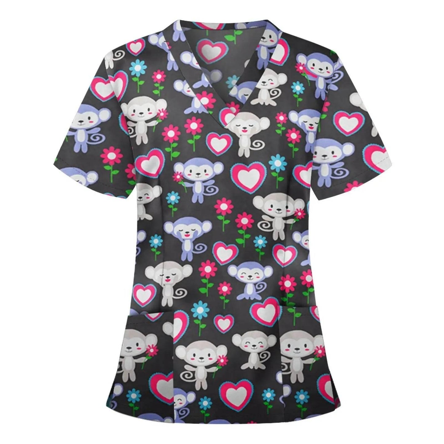 Women Working Uniform Animal Print Cartoon Cat Dog Short Sleeve V-neck Tops - Empire P.E